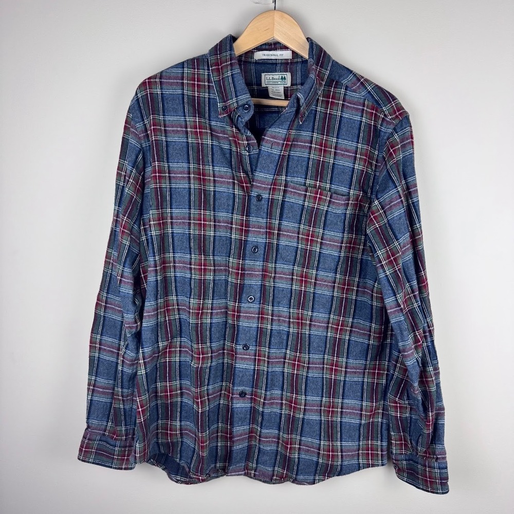 L.L. Bean Traditional Fit Gray Plaid Flannel Shirt Mens Medium